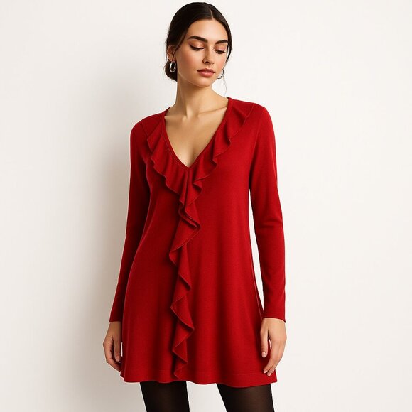 One World Red Ruffle Front Longline Tunic Dress Festive Romantic Style L - Picture 2 of 9